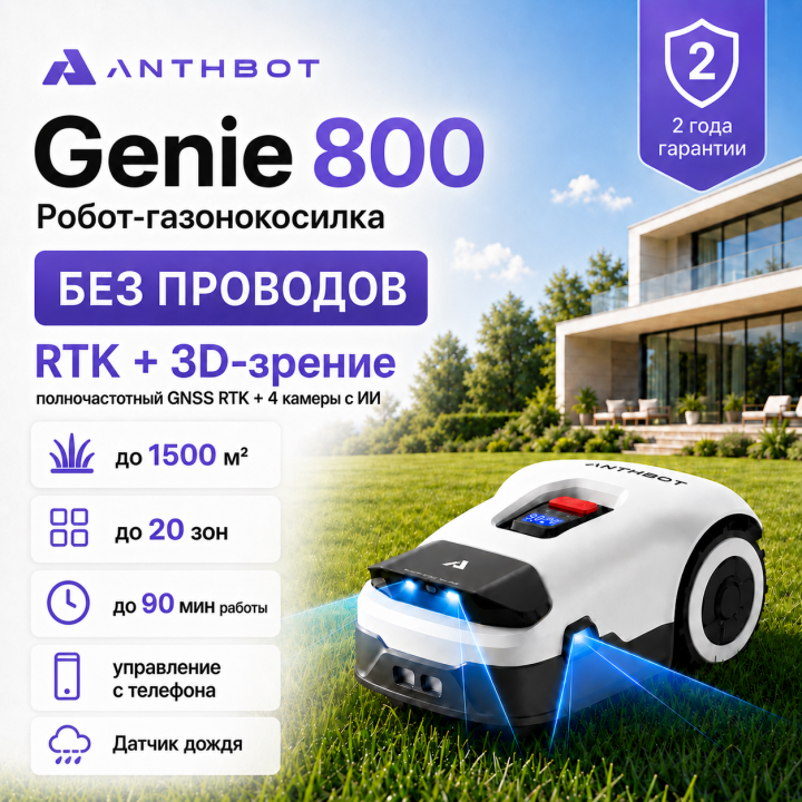Робот-газонокосилка беспроводной премиум-класса ANTHBOT GENIE 800 (GPS+RTK, 4 камеры с ИИ, распознавание 1000+ объектов) для участков до 15 соток