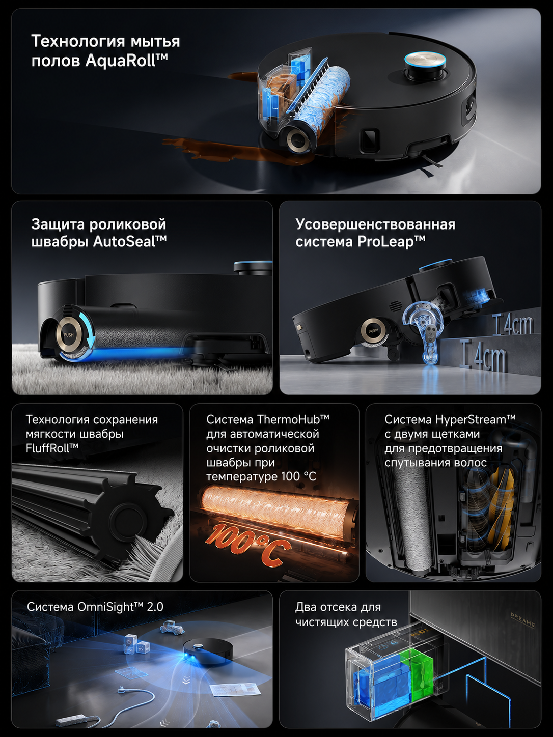 Чёрный робот-пылесос Dreame Aqua10 Ultra Roller Complete RU со станцией самообслуживания