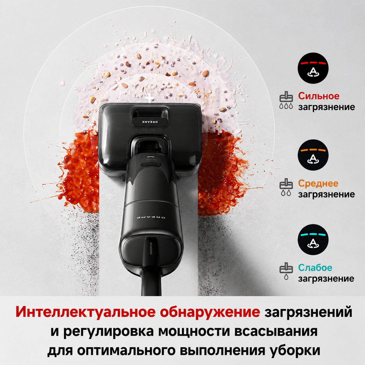 картинка: интеллектуальное определение загрязнений Dreame G12 Pro, цветовая шкала на дисплее