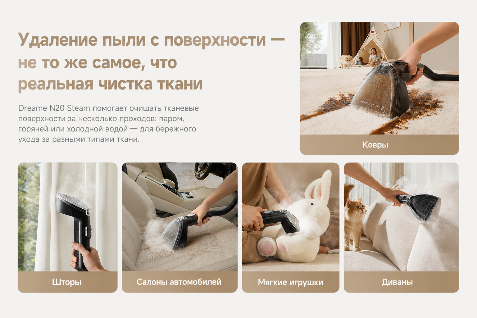 Портативный моющий пылесос Dreame N20 Steam RU для мебели и ковров