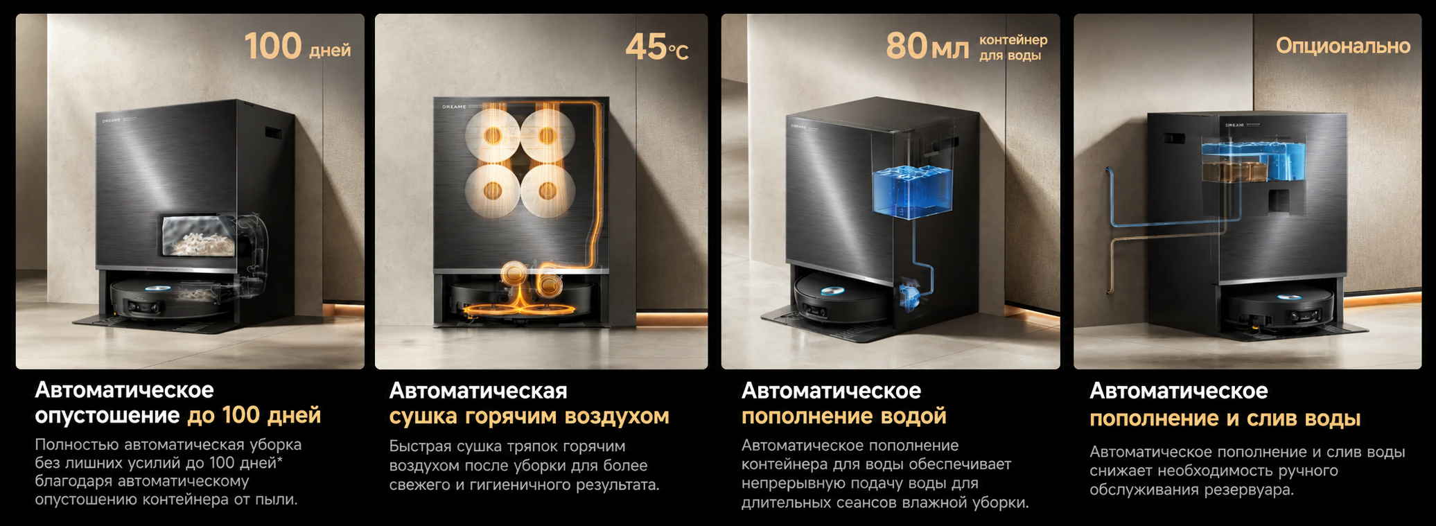 Технологии станций Dreame: автоматическая выгрузка пыли, горячая мойка мопов и самоочистка Сравнение станций самообслуживания роботов-пылесосов Dreame L40, L50 и L60: PowerDock, AceClean DryBoard, ThermoHub, мойка и сушка мопов