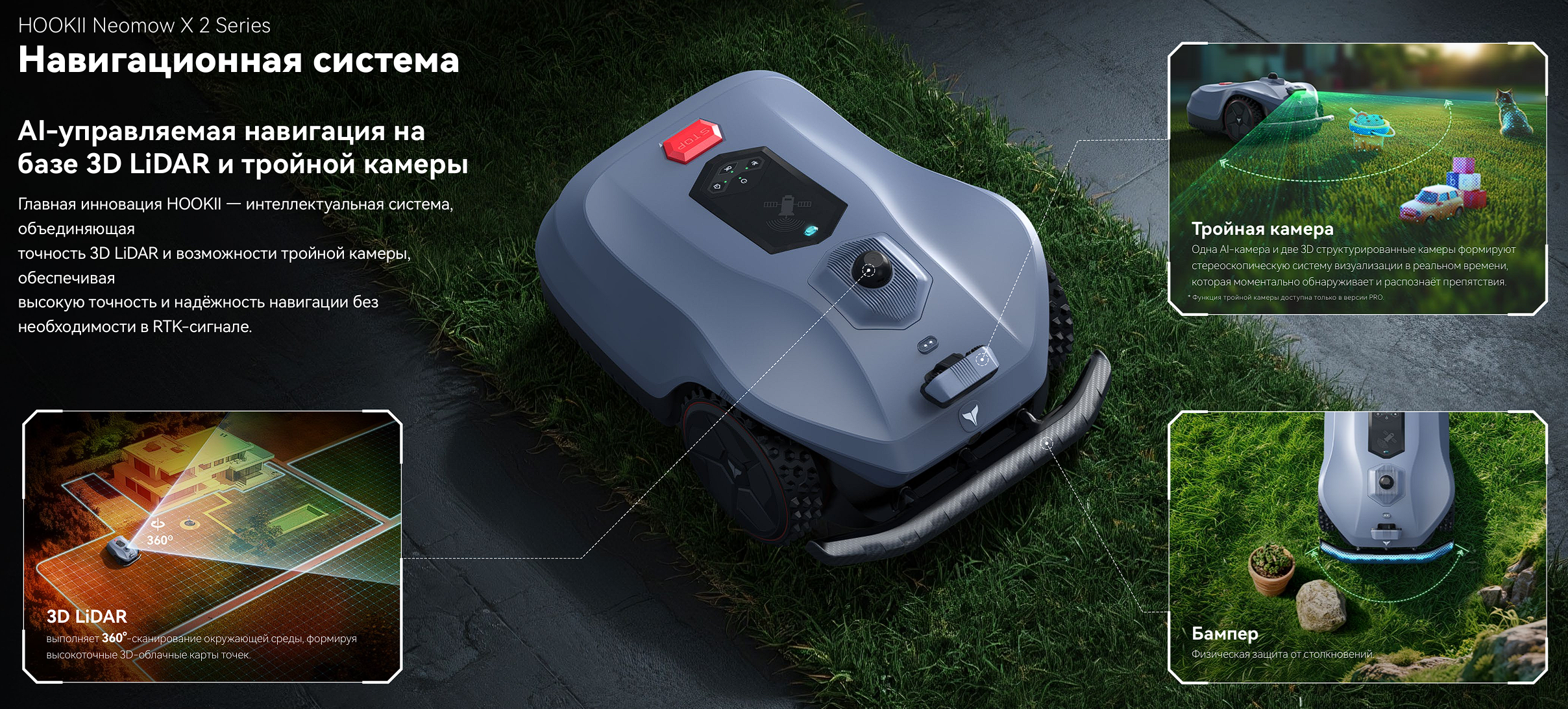3D LiDAR, AI-камера и механический бампер HOOKII Neomow X 2 PRO PRO