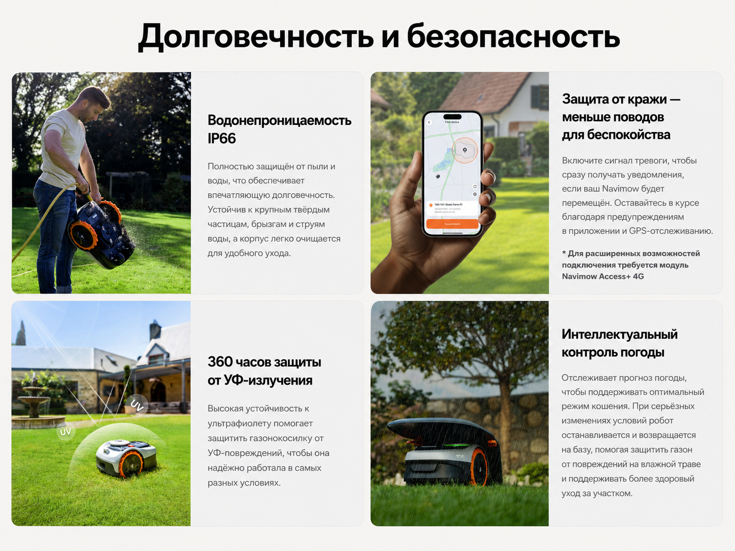 Защита IP66, контроль погоды, UV-стойкость и противоугонные функции Navimow i105