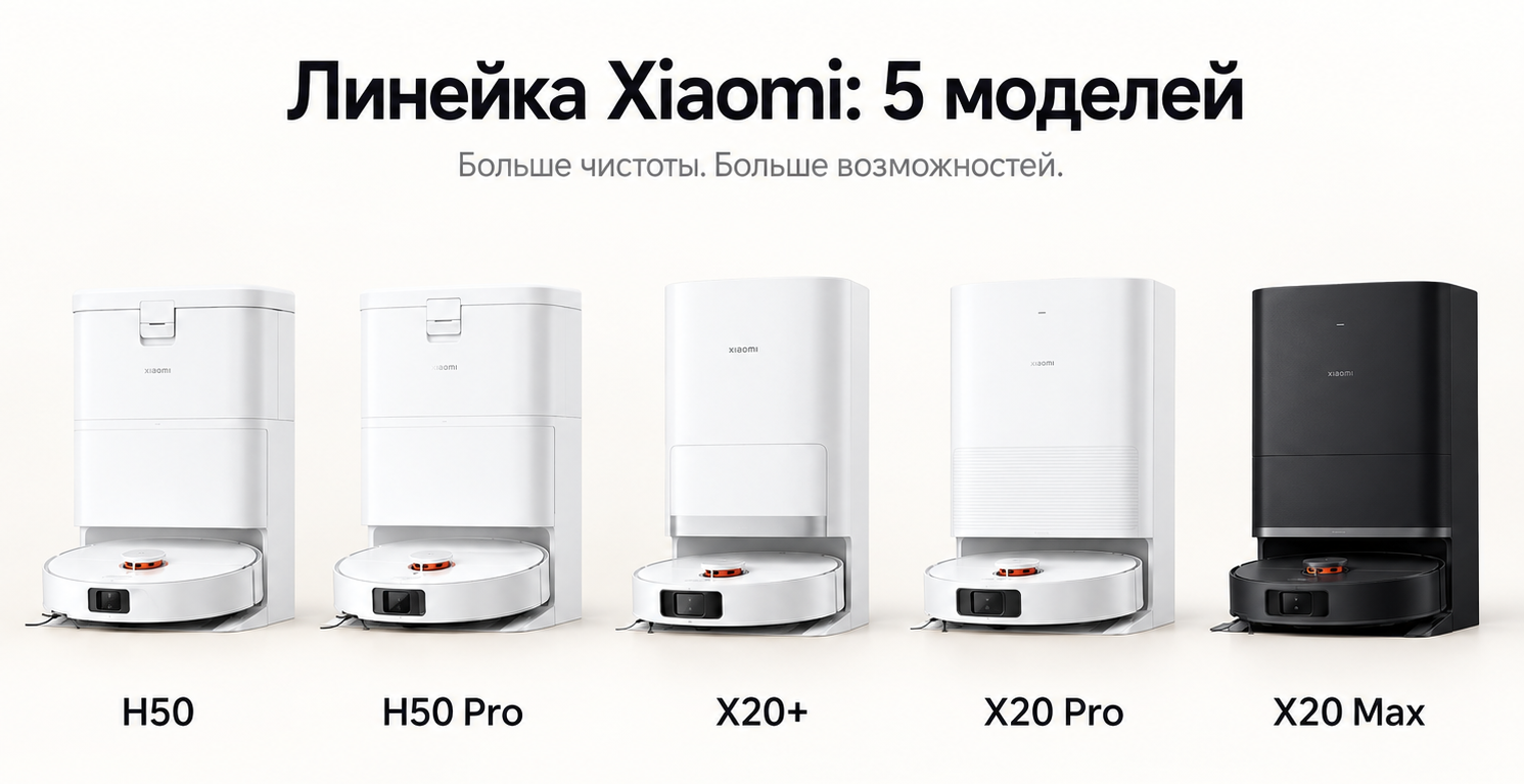 Пять роботов Xiaomi для сравнения Xiaomi H50, H50 Pro, X20+, X20 Pro и X20 Max со станциями