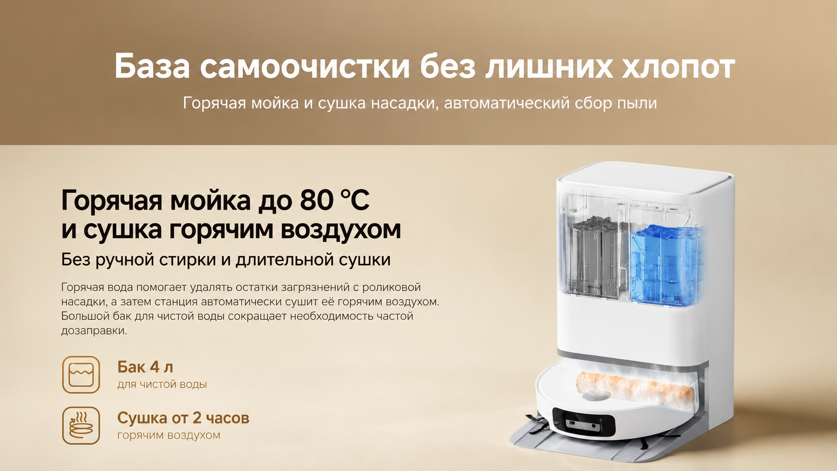 Станция Xiaomi Robot Vacuum 6 с горячей промывкой моющего ролика и автоматическим сбором пыли